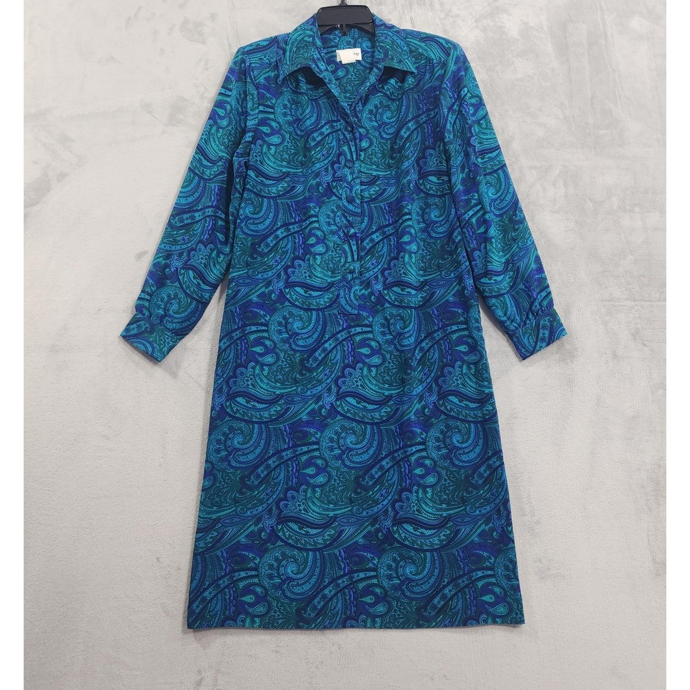 Vintage‎ Wilroy Dress Womens 14 Blue Green Paisley Shirt Midi Long Sleeve Office